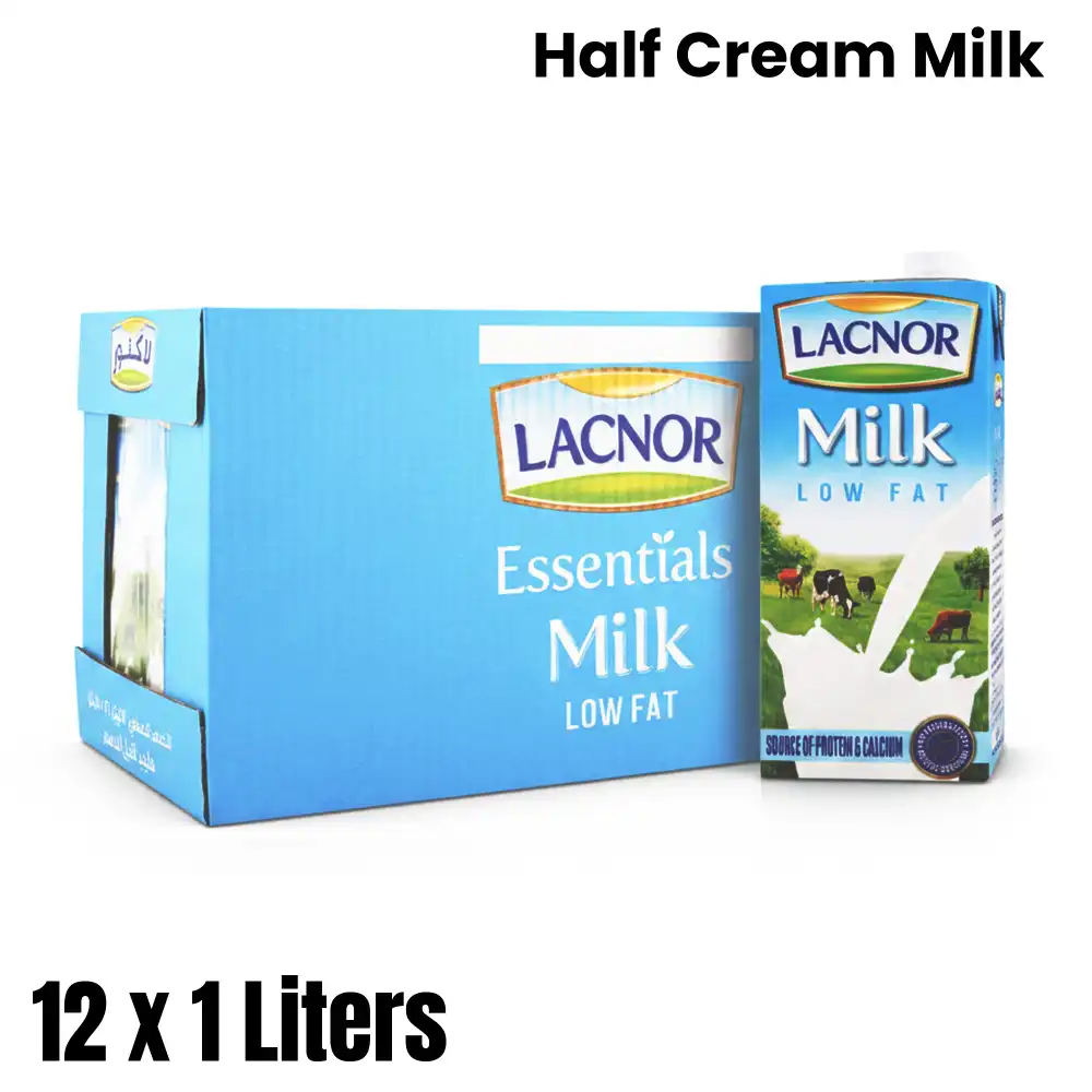 Lacnor, Milk, Half Cream, 1 L, Carton of 12 Packets