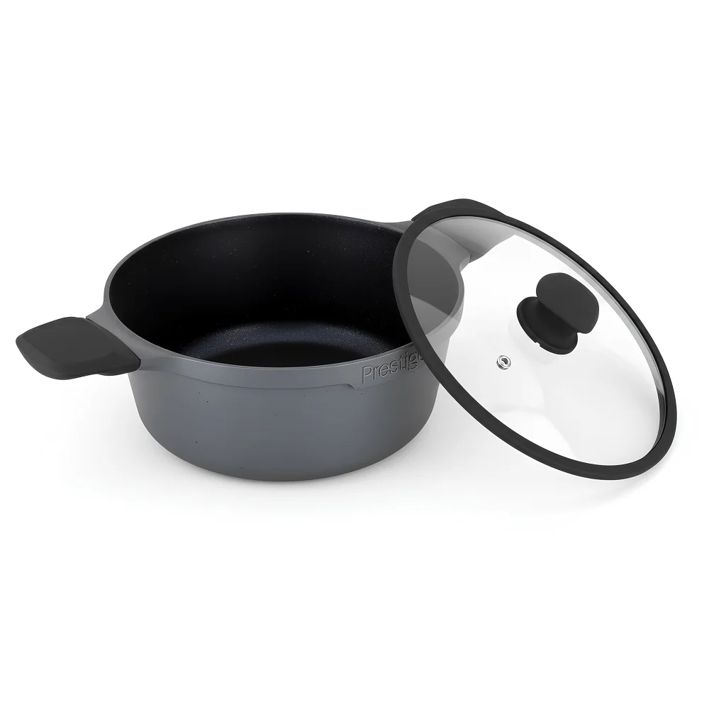 Prestige Essential, Casserole, Aluminum, 24 cm, Black, Glass Lid, 4-Layer, Non-Stick, Soft-Touch Handle