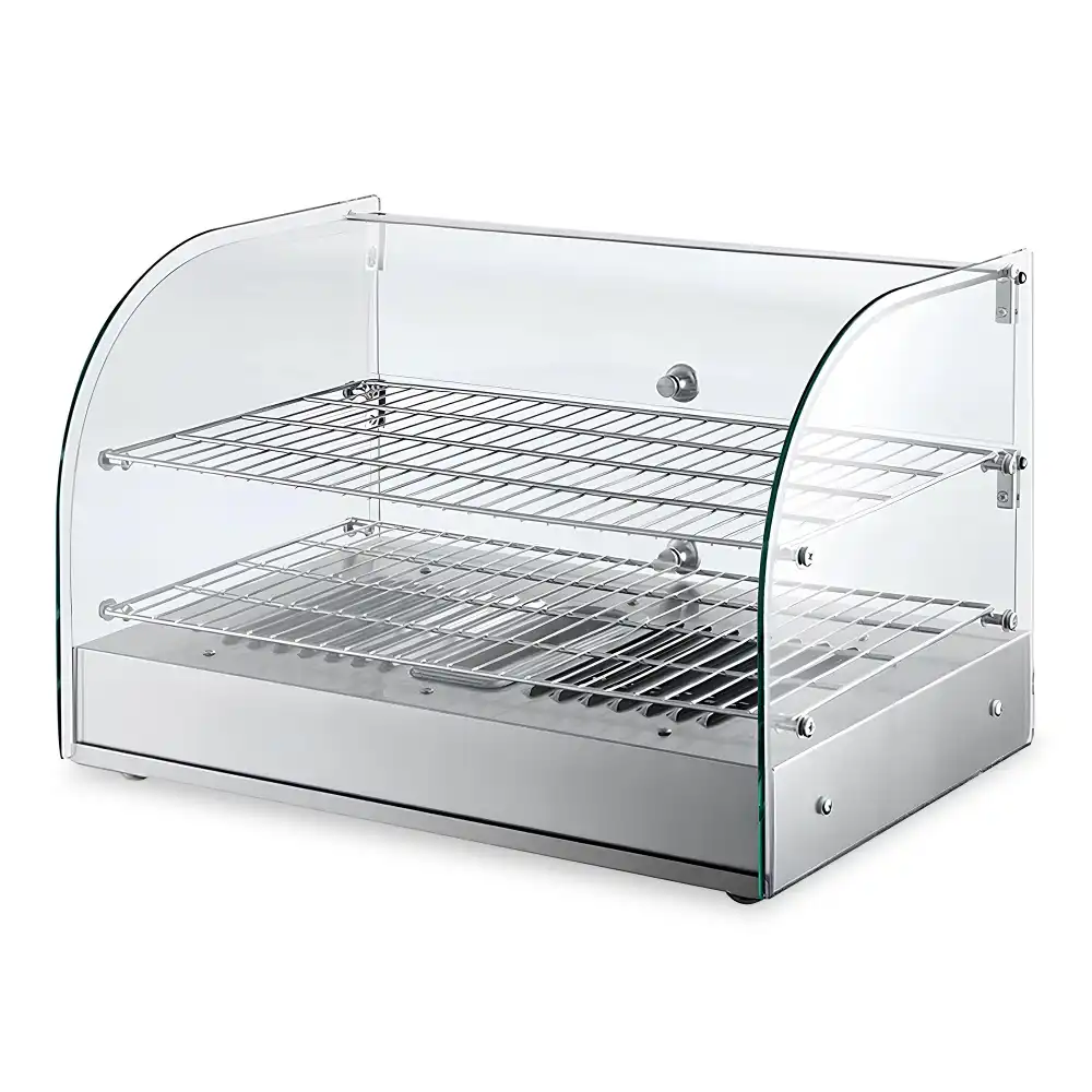 Primo, Hot Glass Display Warmer, Curved Glass, Hinged Doors, 2 Shelves