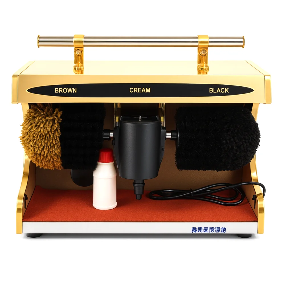 Automatic Shoe Polish Machine Electric Metal ABS Plastic Nylon Brushes Integrated Sole Cleaner Gold 28 × 37 × 21 cm (L × W × H)