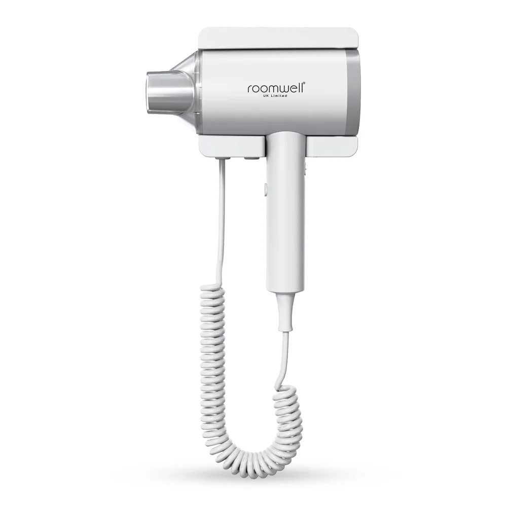 Roomwell Winzi 1800W Wall Mounted Hair Dryer, Efficient Space-Saving Storage Solution, Anti-Theft, High Power, Silent, Hot/Cold Functions, Color White