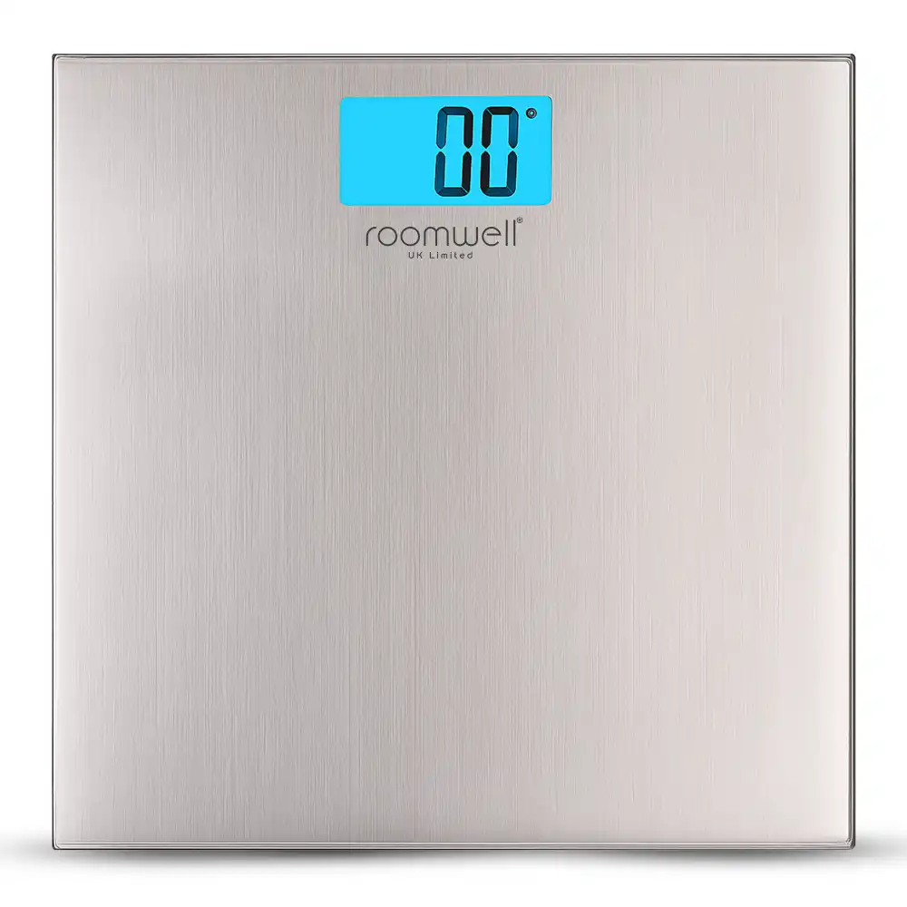 Roomwell Slimline Stainless Steel Digital Bathroom Scale, Body Weight Bathroom Scale, Extra Slim Design, Step-on Technology, 180 Kg Capacity 31 x 31 x 2 cm, Color Silver