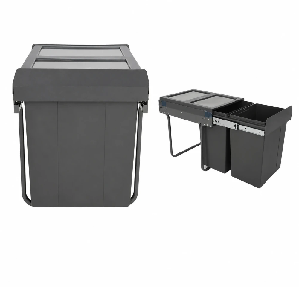 Dual Compartment Soft-Close Waste Bin 2 x 20L for Kitchen Cabinets Dark Grey 48 x 34.5 x 4.15 (L x W x D) cm