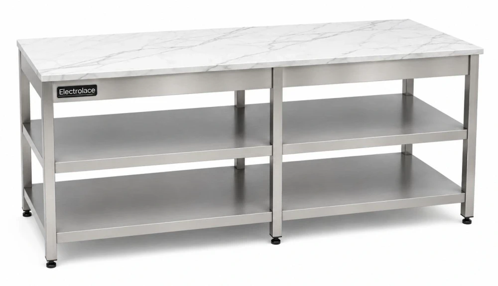 Marble Top Island Work Table for Bakery, 30 mm Marble Top Thickness, Bottom & Middle Shelves, AISI 304 Stainless Steel, 1800 × 700 × 900 mm (W × D × H)