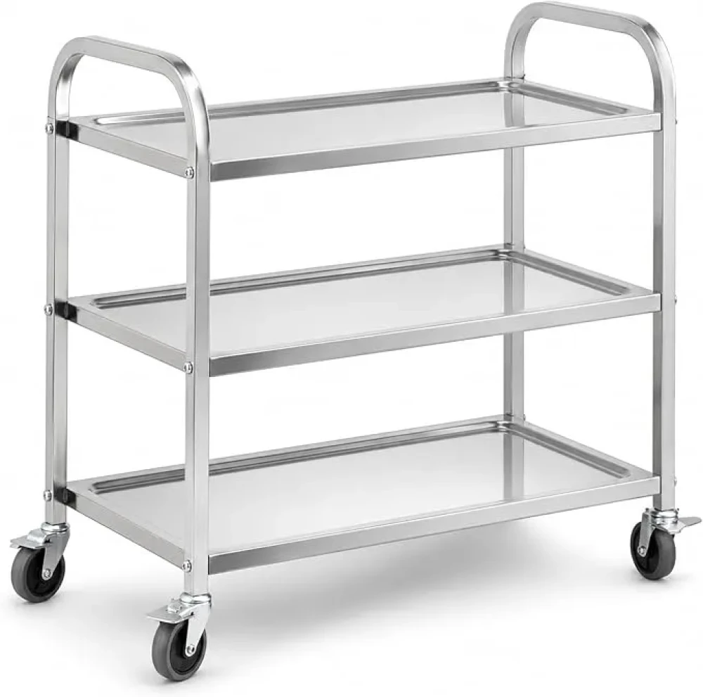 3-Shelf Stainless Steel Service Trolley, Heavy Duty Utility Cart with Brakes, 80 x 50 x 90 cm (L × W × H)