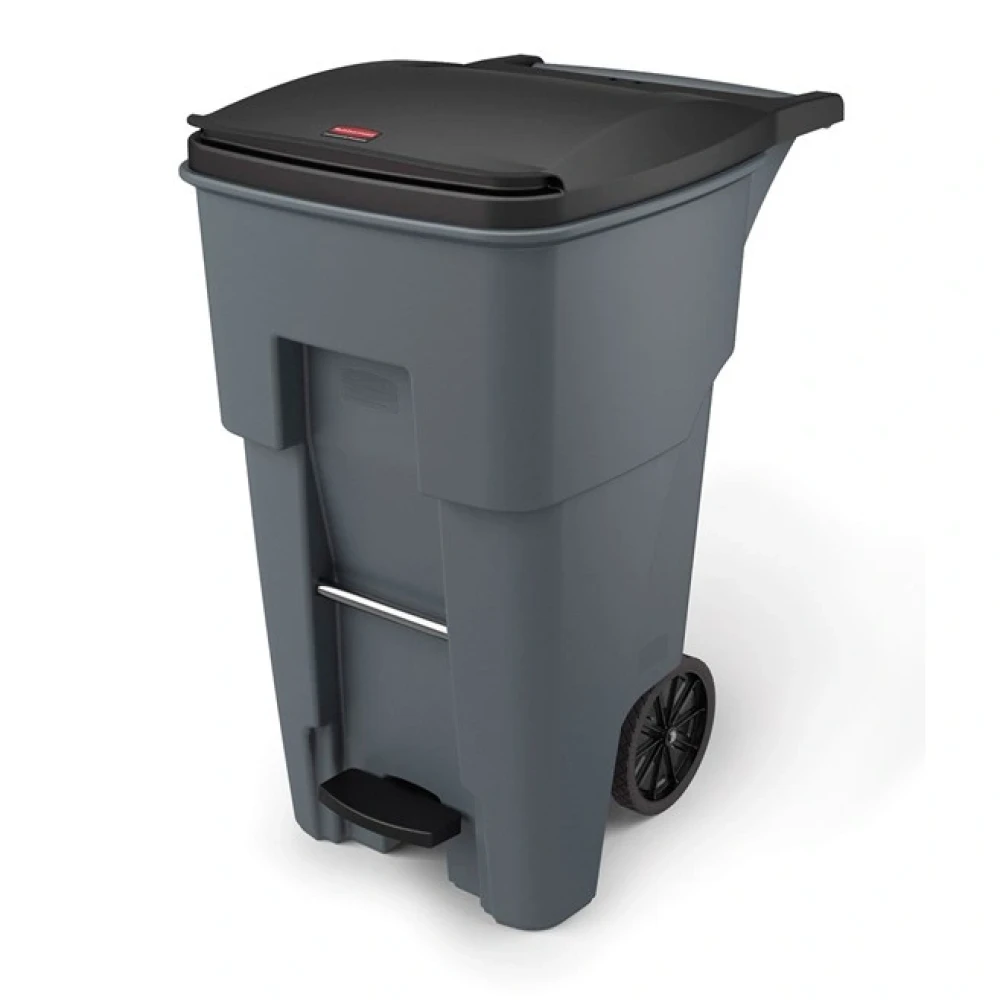 Rubbermaid Step On Rollout Container 65 Gal, Pedal Actuated Lid, Heavy Duty Wheels, Gray, 32.33 × 25.33 × 44.74 in (L × W × H)