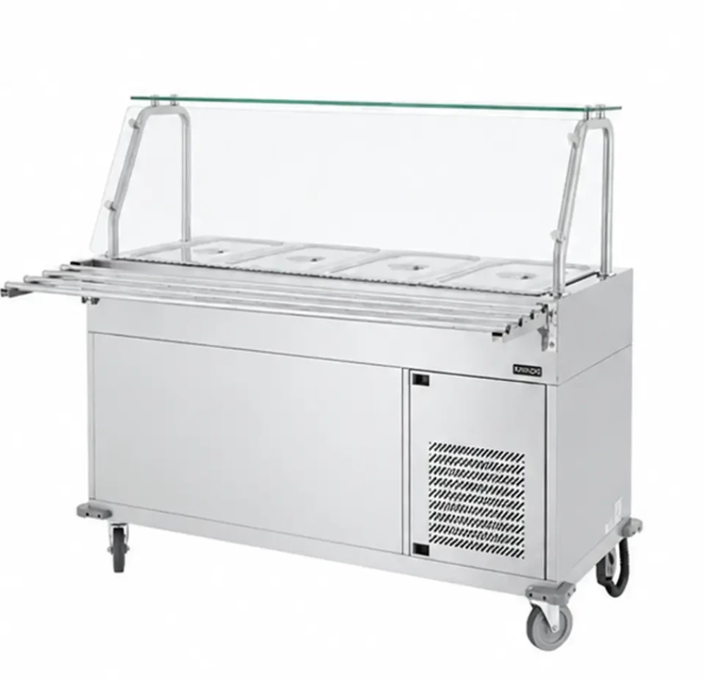 Electric Mobile Cold Serving Station 4 GN 1/1 Pans Stainless Steel Curved Glass Display 152.5 x 75.6 x 136.7 cm (W x D x H)