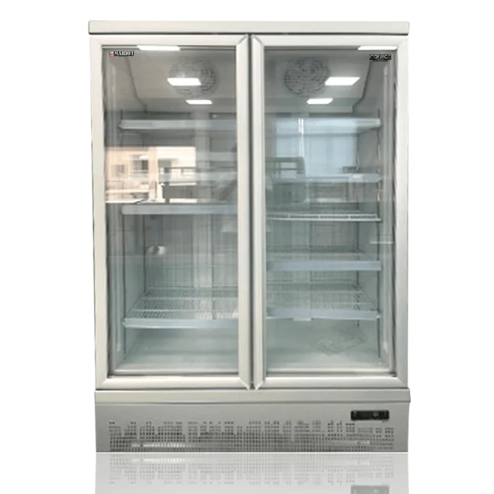 Double Door Upright Display Chiller, 1200 L, R290 Refrigerant, White, 125 × 73.5 × 209 cm (L × W × H)