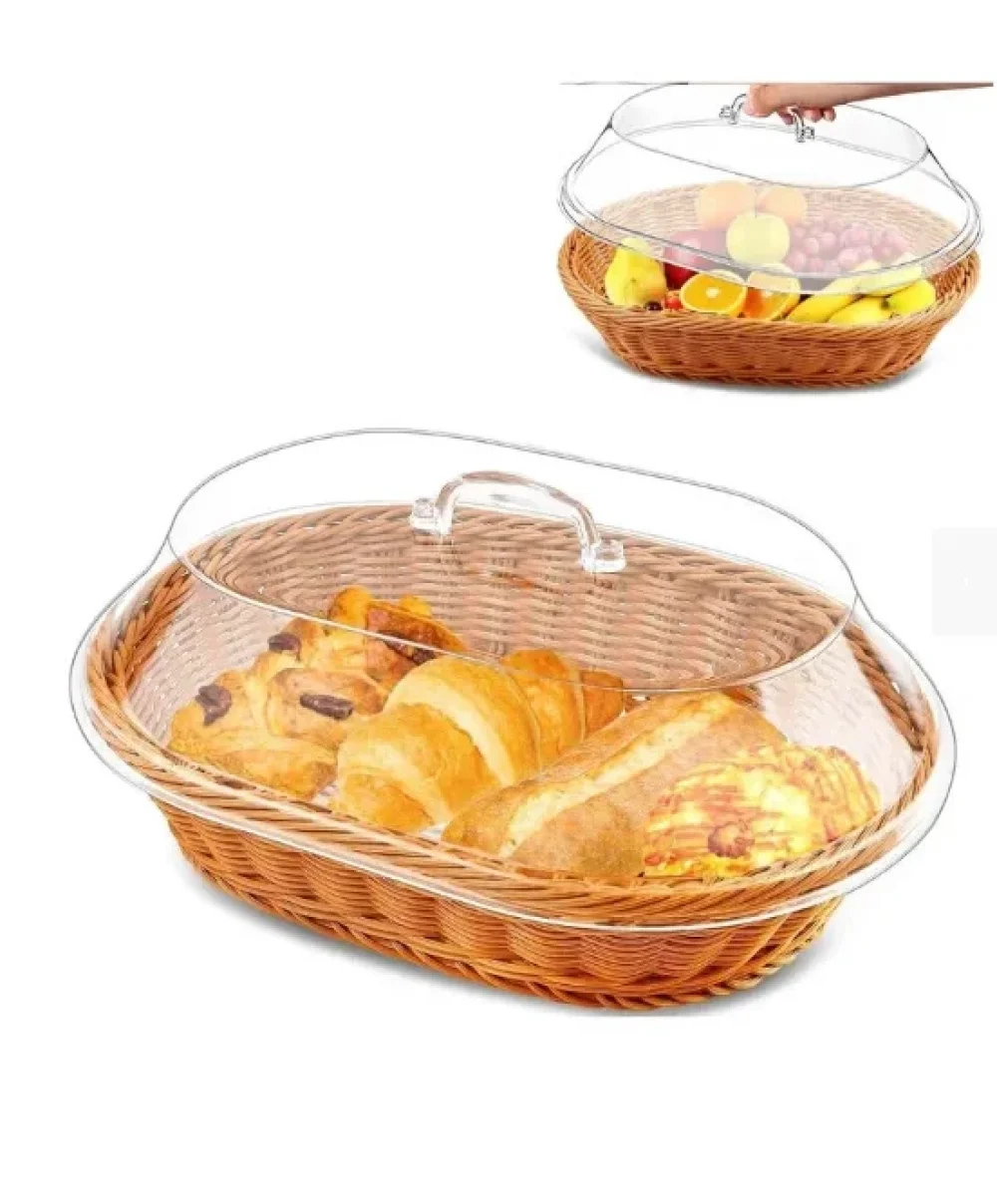 Woven Bread Basket with Clear Lid, Polypropylene, Orange