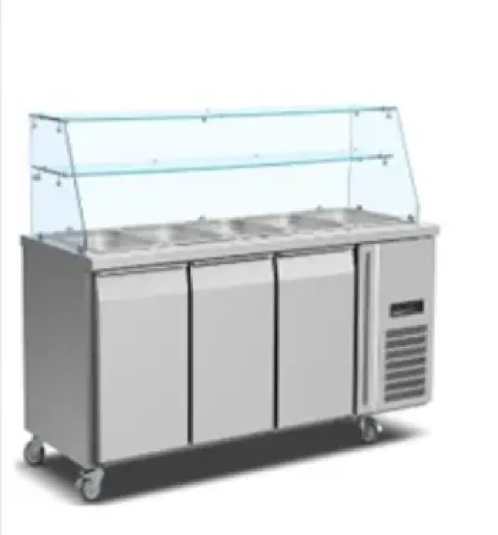 Work Top Salad Chiller Counter, 465L, 3 × GN 2/1 Capacity, Ventilated Cooling, Stainless Steel, Curved Glass Display, 180.5 × 70 × 136 cm (W × D × H)